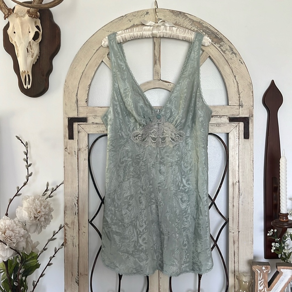 Vintage 80s Seafoam Green Satin Slip Dress with Lace Accent